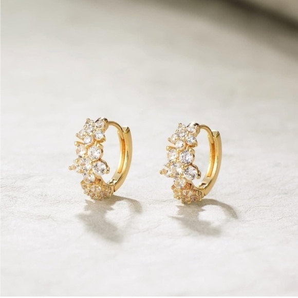 Gold 14k Gold Plated Flower Cubic Zirconia Hoop Earrings - Picture 1 of 2